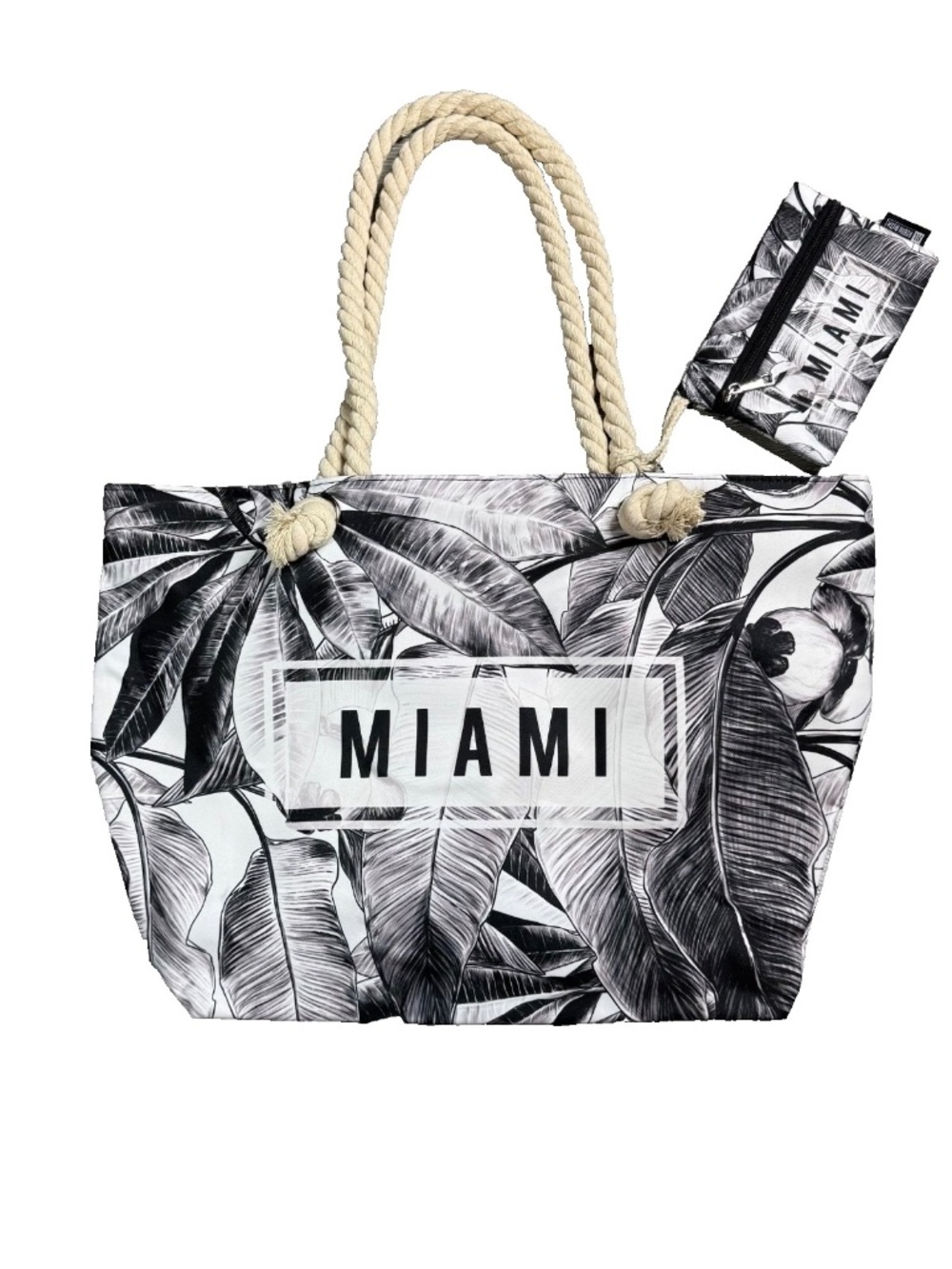 Robin Ruth Miami Tote, Beach, Travel Bag, Tropical Palm, Black & White NWT